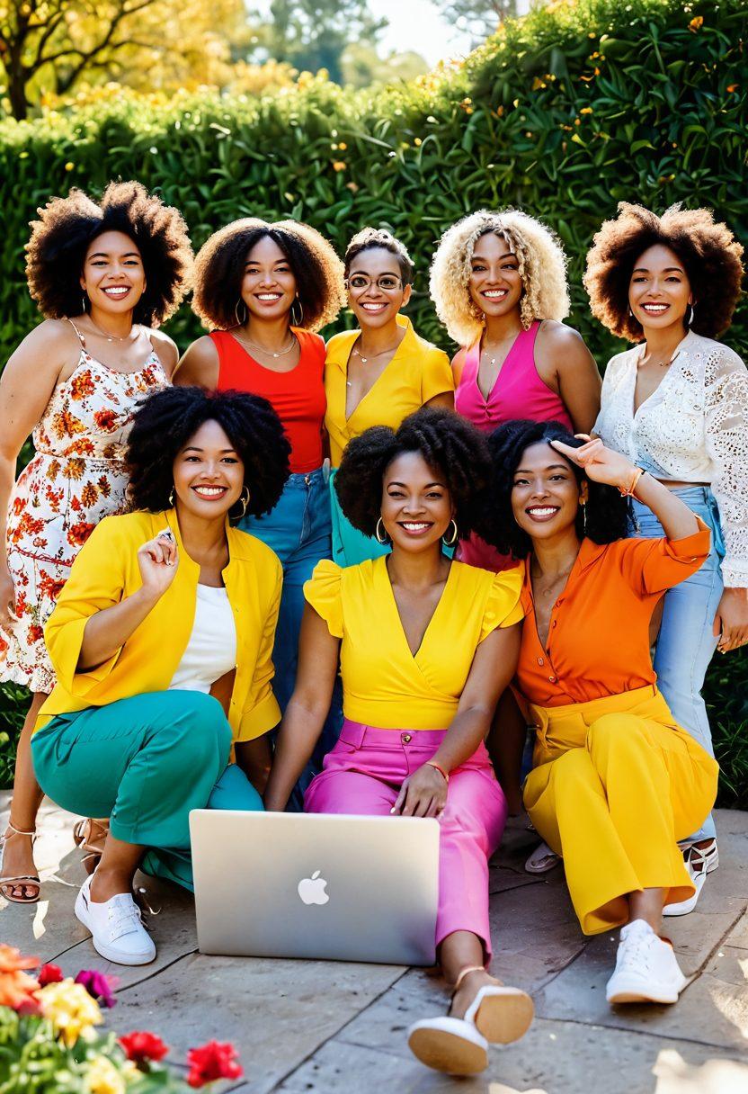 A diverse group of women of different body types, ethnicities, and ages joyfully interacting in a vibrant outdoor setting. Each woman showcases her unique style with colorful outfits, celebrating individuality and self-expression. The background features blooming flowers and bright sunlight symbolizing positivity and empowerment. Incorporate elements of blogging like laptops and camera gear scattered around. bright colors. expressive. warm lighting.