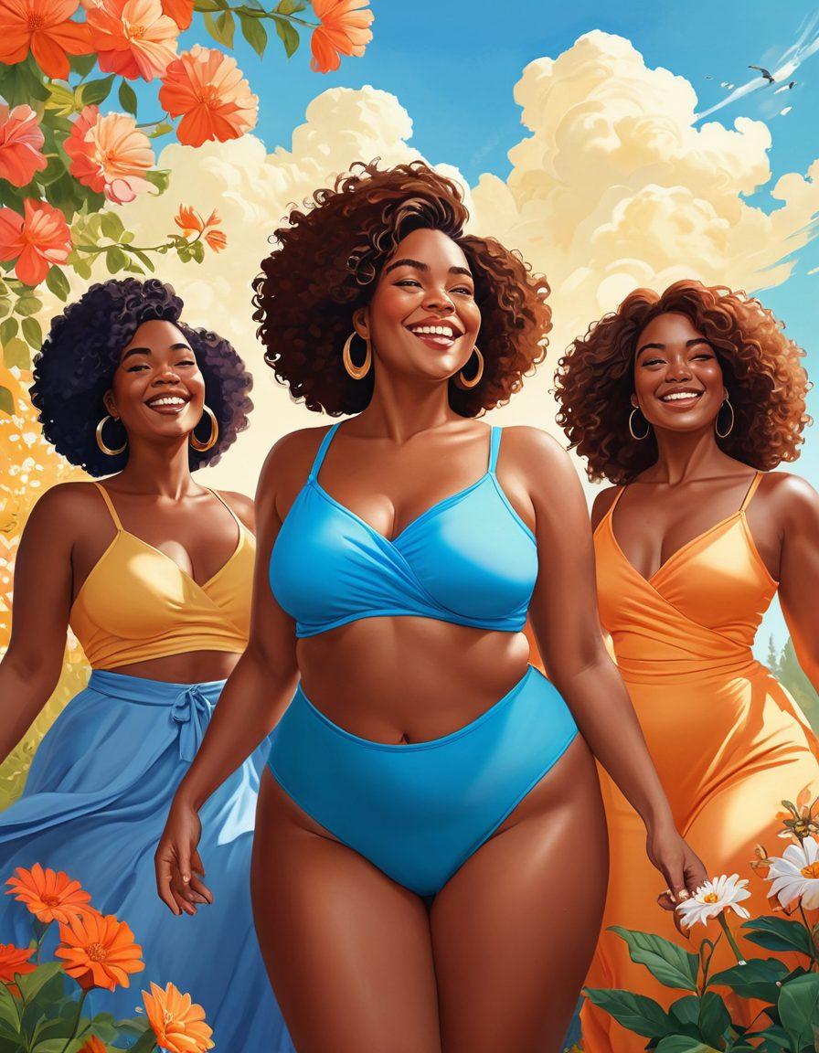 A powerful and inspiring illustration of diverse women celebrating body positivity, combining various body types and skin tones. They are joyfully engaging in a vibrant outdoor setting, surrounded by blooming flowers that symbolize natural beauty and femininity. Include elements like embracing self-love and confidence through expressive poses and warm smiles. The background features a bright blue sky and soft sunlight to create an uplifting atmosphere. vector art. vibrant colors.